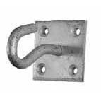 Galvanised metal hook on a plate with four holes against a white background.