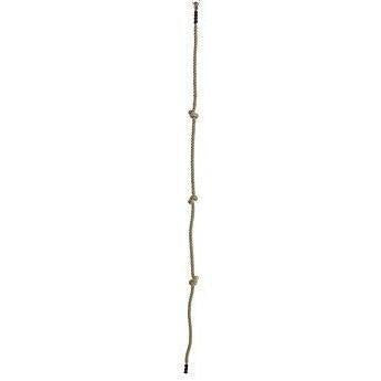 Knotted climbing rope hanging against a white background