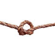 Close-up of a knotted brown rope on a white background