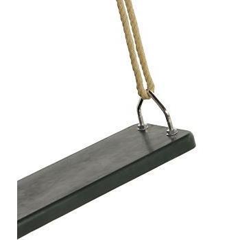 Close-up of a black rubber swing seat with a metal attachment on a white background
