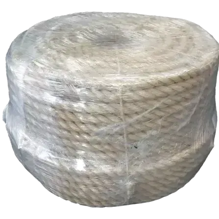Coil of 28mm sisal rope wrapped in clear plastic on a white background