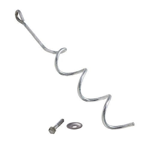 Spiral metal ground anchor with bolt and washer on a white background