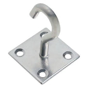 Stainles steel hook on a plate with four holes against a white background.