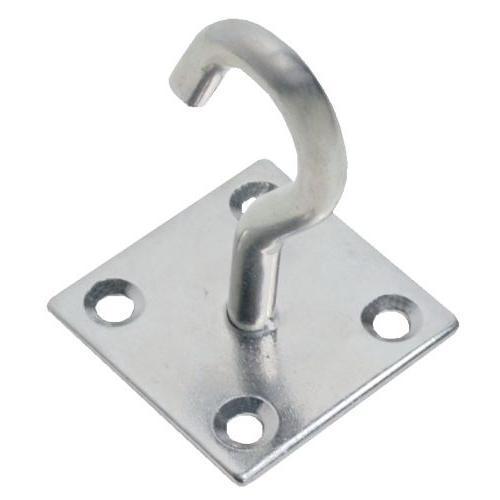 Stainles steel hook on a plate with four holes against a white background.