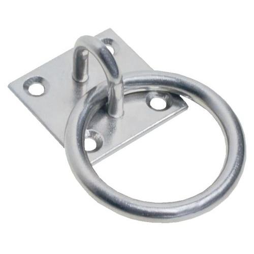 Stainless steel metal ring on a square plate with 4 holes against a white background