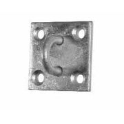 Galvanised staple on a metal plate with four holes against a white background.